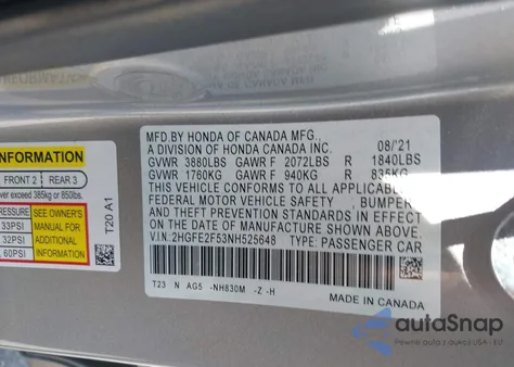 2022 Honda Civic Sport from USA, damaged, VIN 2HGFE2F53NH525648